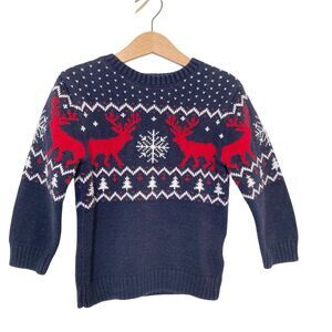 H&M Boy Navy Red Reindeer Christmas Holiday Pullover Cotton Knit Sweater 5-6 Yrs